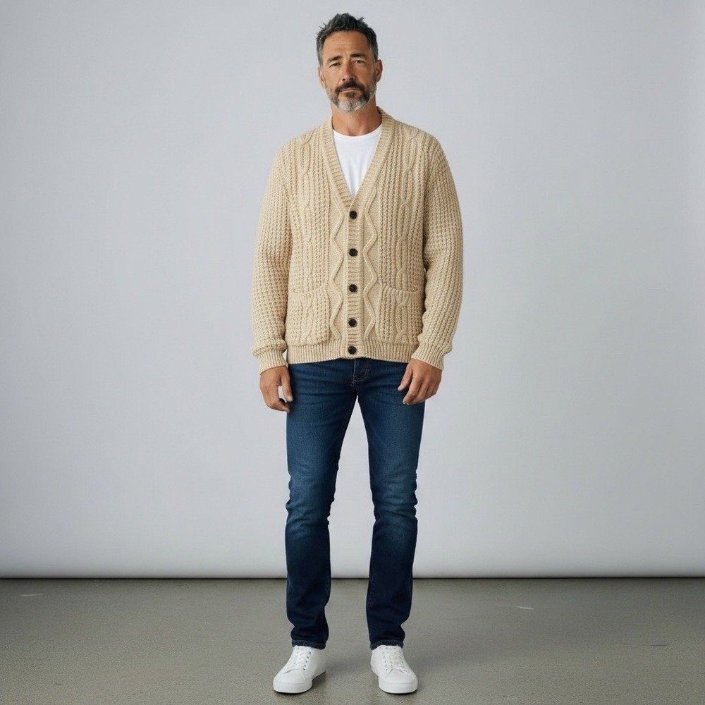 Gaeltarra Handknit Cardigan Men 100% Pure Virgin Wool Size 44‎ Cream Vintage